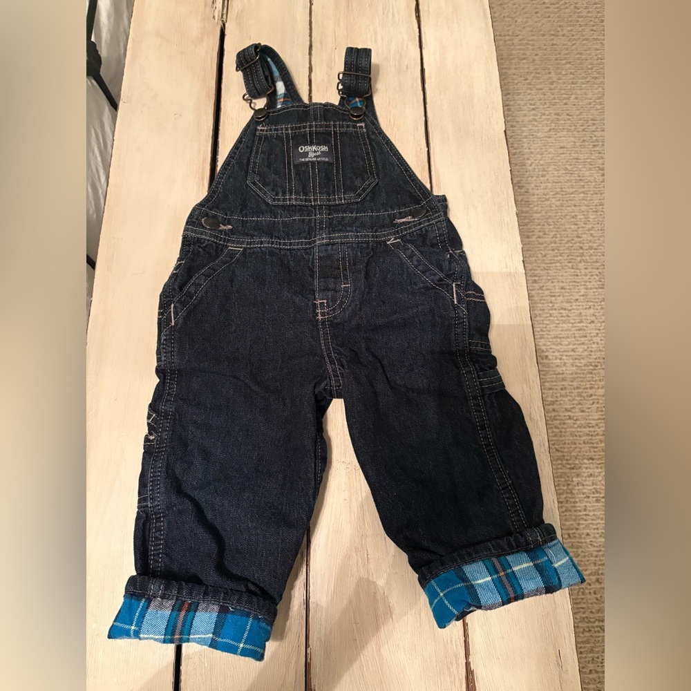 OshKosh B'gosh Dark Blue Denim Overalls with Plaid Lining